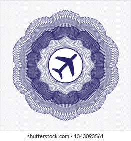 Blue rosette or money style emblem with plane icon inside