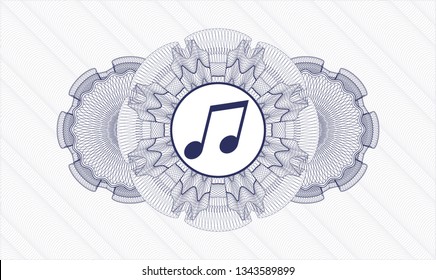 Blue rosette or money style emblem with musical note icon inside