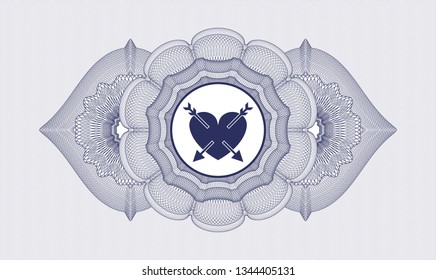 Blue rosette or money style emblem with heart with two arrows icon inside