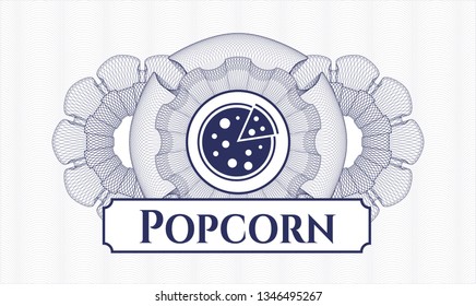 Blue rosette (money style emblem) with pizza icon and Popcorn text inside