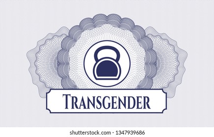 Blue rosette or money style emblem with kettlebell icon and Transgender text inside