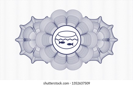 Blue rosette or money style emblem with fishbowl with fish icon inside