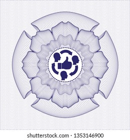 Blue rosette (money style emblem) with good customer feedback icon inside