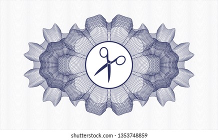 Blue rosette (money style emblem) with scissors icon inside