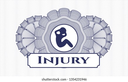 Blue rosette or money style emblem with crunch icon and Injury text inside