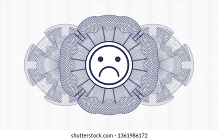 Blue rosette or money style emblem with sad face icon inside