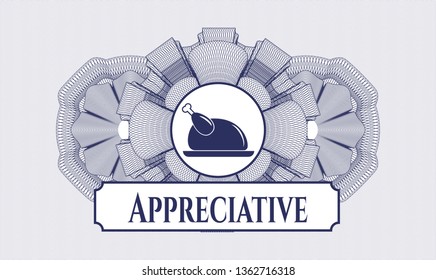 Blue rosette (money style emblem) with chicken dish icon and Appreciative text inside