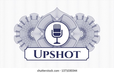 Blue rosette (money style emblem) with microphone icon and Upshot text inside
