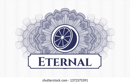 Blue rosette or money style emblem with orange icon and Eternal text inside