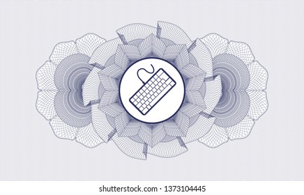 Blue rosette or money style emblem with keyboard icon inside