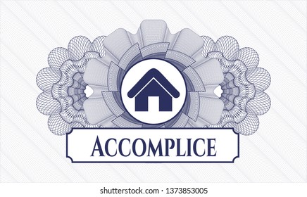 Blue rosette or money style emblem with home icon and Accomplice text inside