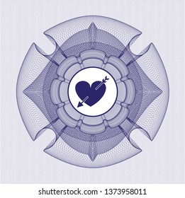Blue rosette or money style emblem with heart with arrow icon inside