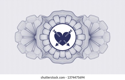 Blue rosette or money style emblem with heart with two arrows icon inside