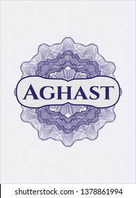 Blue rosette or money style emblem with text Aghast inside