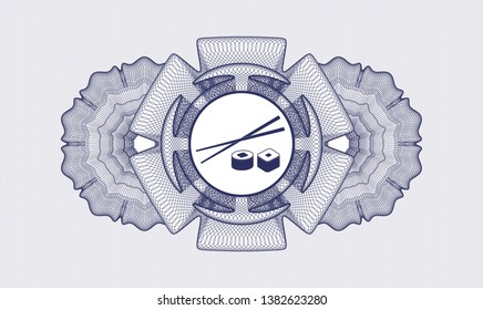 Blue rosette (money style emblem) with sushi icon inside