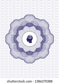 Blue rosette (money style emblem) with head with gears inside icon inside