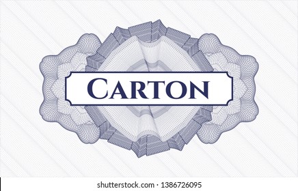Blue rosette (money style emblem) with text Carton inside
