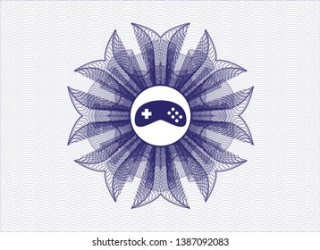 Blue rosette or money style emblem with video game icon inside