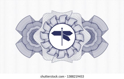 Blue rosette or money style emblem with directions sign icon inside