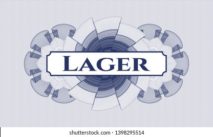 Blue rosette (money style emblem) with text Lager inside