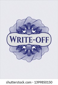 Blue rosette (money style emblem) with text Write-off inside