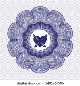 Blue rosette or money style emblem with heart with two arrows icon inside