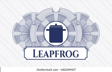 Blue rosette (money style emblem) with cooking pot icon and Leapfrog text inside