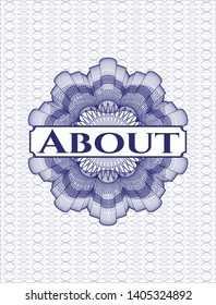 Blue rosette (money style emblem) with text About inside
