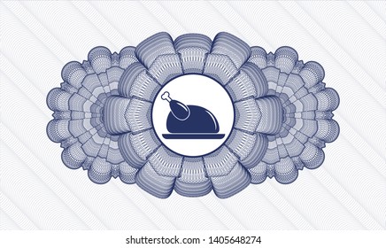 Blue rosette or money style emblem with chicken dish icon inside