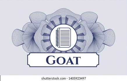 Blue rosette (money style emblem) with note book icon and Goat text inside