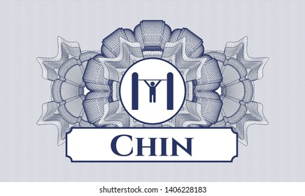 Blue rosette or money style emblem with pull up icon and Chin  text inside