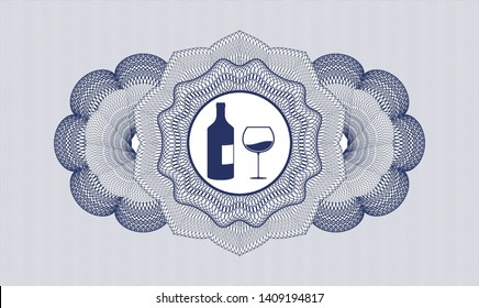 Blue rosette or money style emblem with bottle and glass of wine icon inside