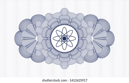 Blue rosette or money style emblem with atom icon inside