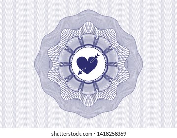 Blue rosette or money style emblem with heart with arrow icon inside