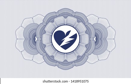 Blue rosette (money style emblem) with broken heart icon inside