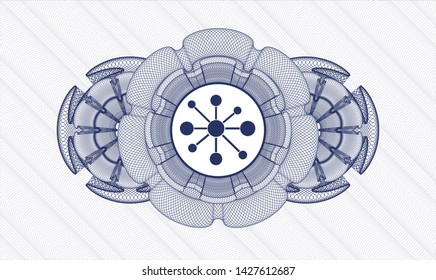 Blue rosette (money style emblem) with business network icon inside