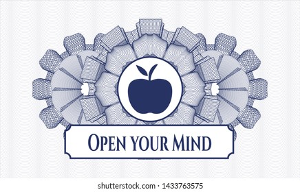 Blue rosette or money style emblem with apple icon and Open your Mind text inside