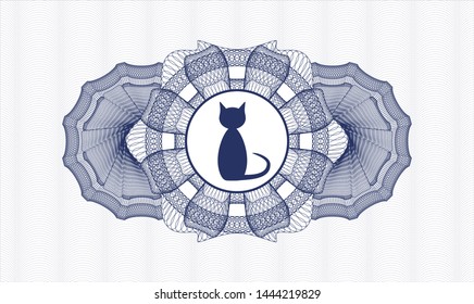 Blue rosette or money style emblem with cat icon inside