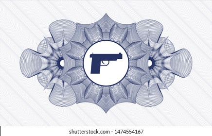 Blue rosette (money style emblem) with pistol icon inside