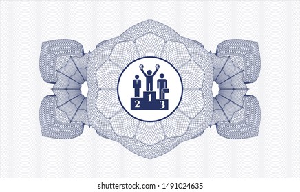 Blue rosette (money style emblem) with business competition, podium icon inside