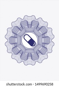 Blue rosette or money style emblem with pill icon inside