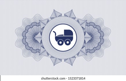 Blue rosette or money style emblem with baby cart icon inside
