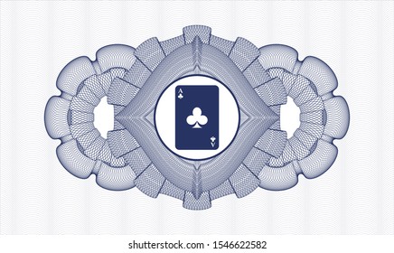 Blue rosette or money style emblem with ace of clover icon inside