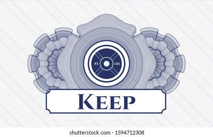 Blue rosette or money style emblem with weightlifting or powerlifting plate (45 lbs) icon and Keep text inside