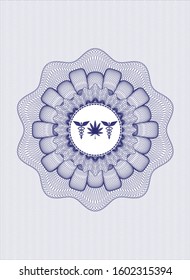 Blue rosette or money style emblem with medicinal weed icon inside