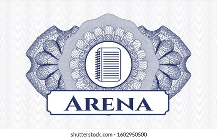 Blue rosette or money style emblem with note book icon and Arena text inside