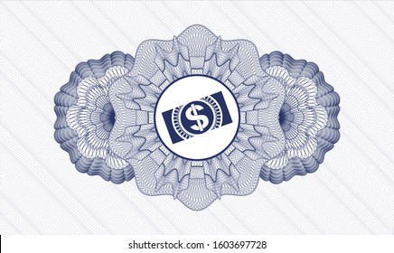 Blue rosette or money style emblem with money, dollar bill icon inside