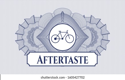 Blue rosette or money style emblem with bike icon and Aftertaste text inside