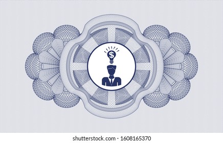 Blue rosette (money style emblem) with business idea icon inside
