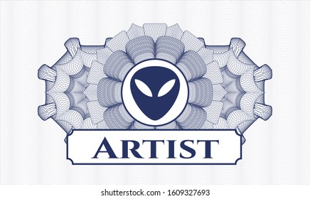 Blue rosette or money style emblem with alien icon and Artist text inside